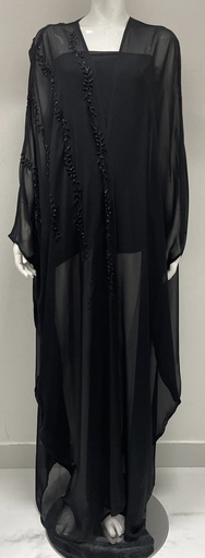 [72329410] Refined Sheer Black Embroidered Abaya