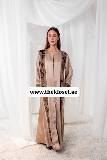 [72329423] Brown silky velvet print Abaya