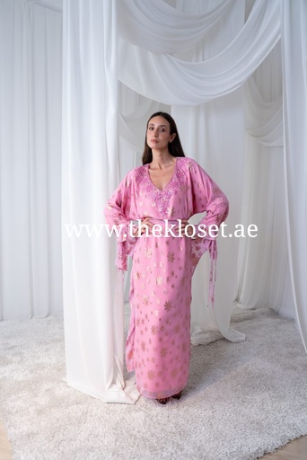 [79929426] Pink butterfly style belted hand beaded thoub dress