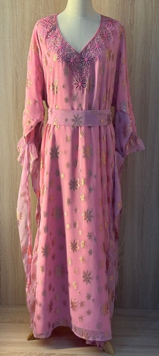 [79929426] Pink butterfly style belted hand beaded thoub dress