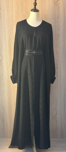 [72329427] Hand beaded belted closed wide sleeves style abaya