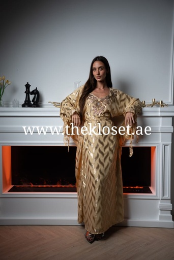 [79929428] Beige butterfly style belted hand beaded thoub dress 