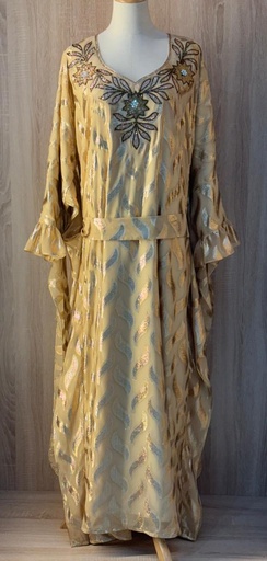 [79929428] Beige butterfly style belted hand beaded thoub dress 