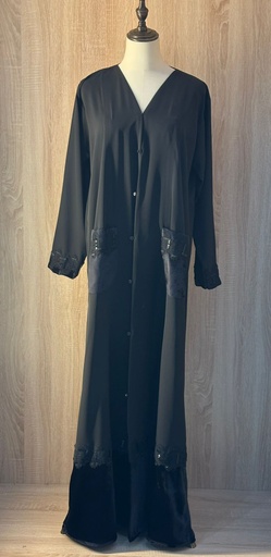 [72329446] Beaded velvet rim silky abaya
