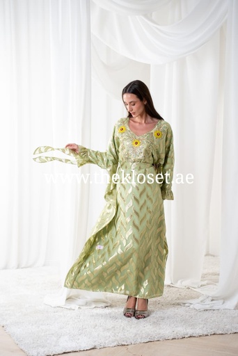 [79929449] Butterfly green belted thoub dress 