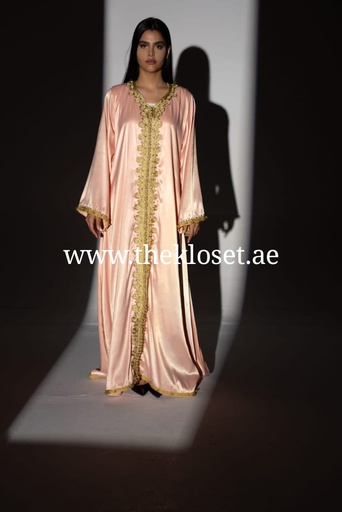 [79929458] Peach Pink Long Dress With Golden Embroidery Design