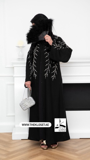 [72329472] Sliver branches hand beaded black abaya