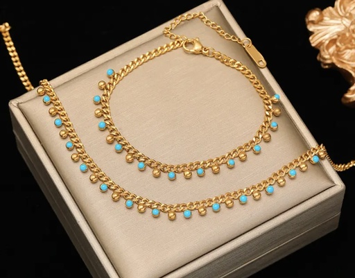 [71529502] 18K golden plated stainless steel turquoise necklace & bracelet set