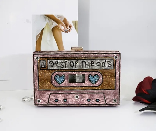 Stylish stones encrusted cassette tape shape bag 