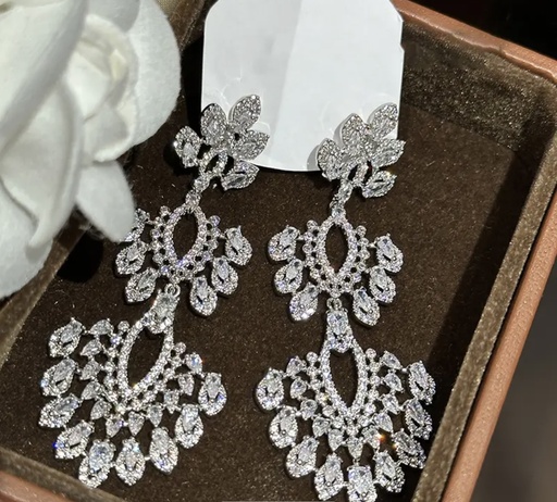 [88129642] 925 sterling silver flower fan zircon dangle Earrings