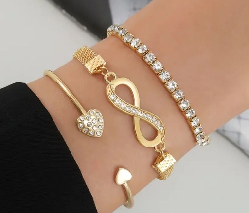 [00029650] Set Of 3 Multilayer Charm Bangle Gold Plated Bracelet