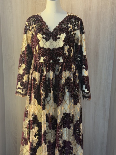 [79929721]  Royal floral Sequins beige & maroon Dress 