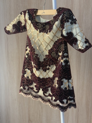 [24729722]  Royal floral Sequins beige & maroon Dress 