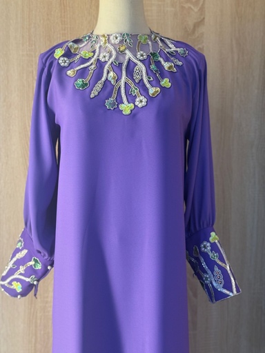 [79929724] Violet Dress with Floral and Bead Design