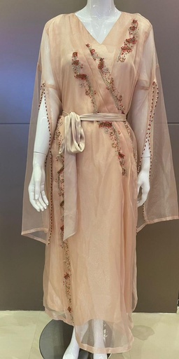 [79929771] Lovely peach tulle dress with embellished flowing sleeves for a stylish look