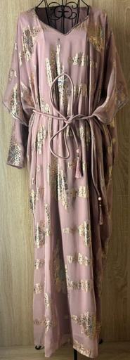 [79929779] Pale Purple Chiffon Dress Featuring Golden Embellishments
