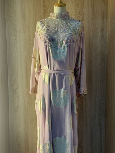 [79929830] Pink Hand Beaded Lined High Neck Dress