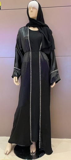 [00029840] Black Shiny Abaya With Dress And Shaila
