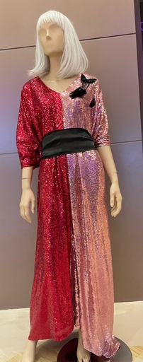 [00029842] Red-Pink Kaftan with Sequined Embroider