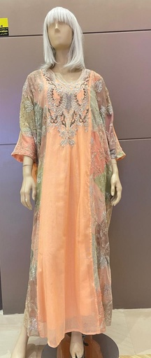 [79929845] Orange Kaftan Dress With Golden Embroidery