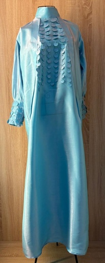 [79929859] Elegant Sky Blue Satin Dress with Circular Embellishments