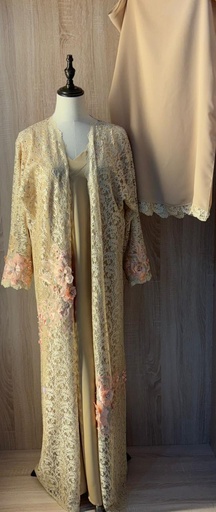 [72329861] Golden Floral Lace Abaya With Dress And Sheila