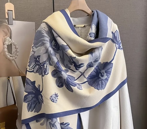 [83429989] Blue & white floral classic shawl  