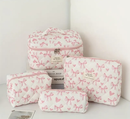 [00030009] Pink bows & hearts quilted bag four pieces set