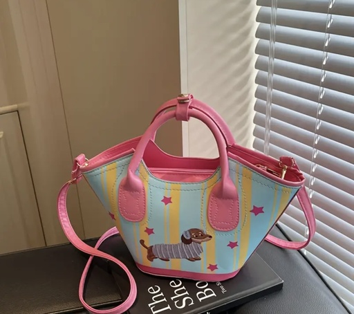 [63130020] Pink dog & stars leather strip print Crossbody Bag  