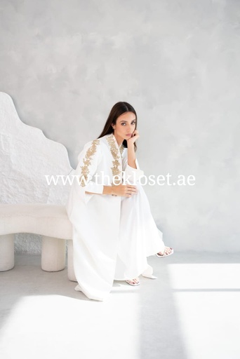 [72330136] White Abaya With Golden Embroidery 