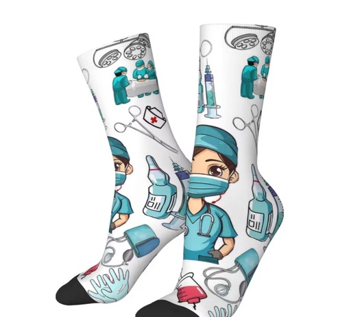 [00030220] Mid-Calf Socks With EKG And Stethoscope Motif