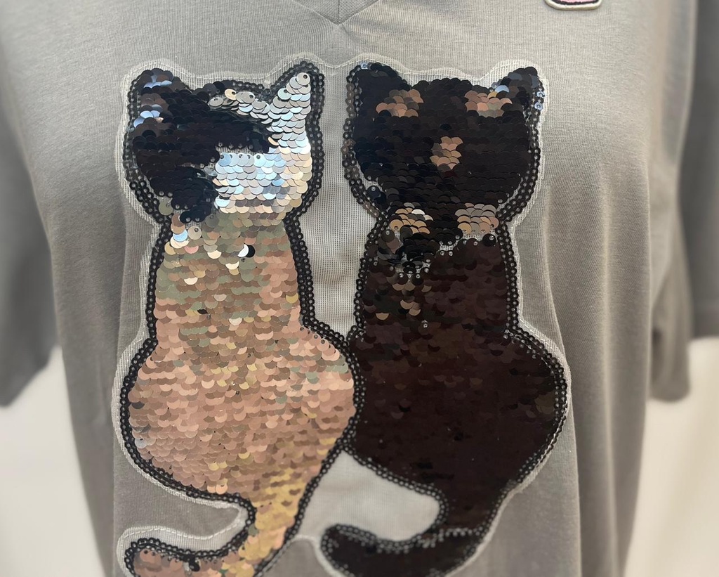 Grey Sequins Cat &amp; TMA cup T shirt