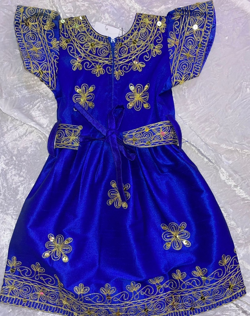 Blue Dress Designed for Young Girls with Intricate Golden Thread Work and Sequin Embellishments