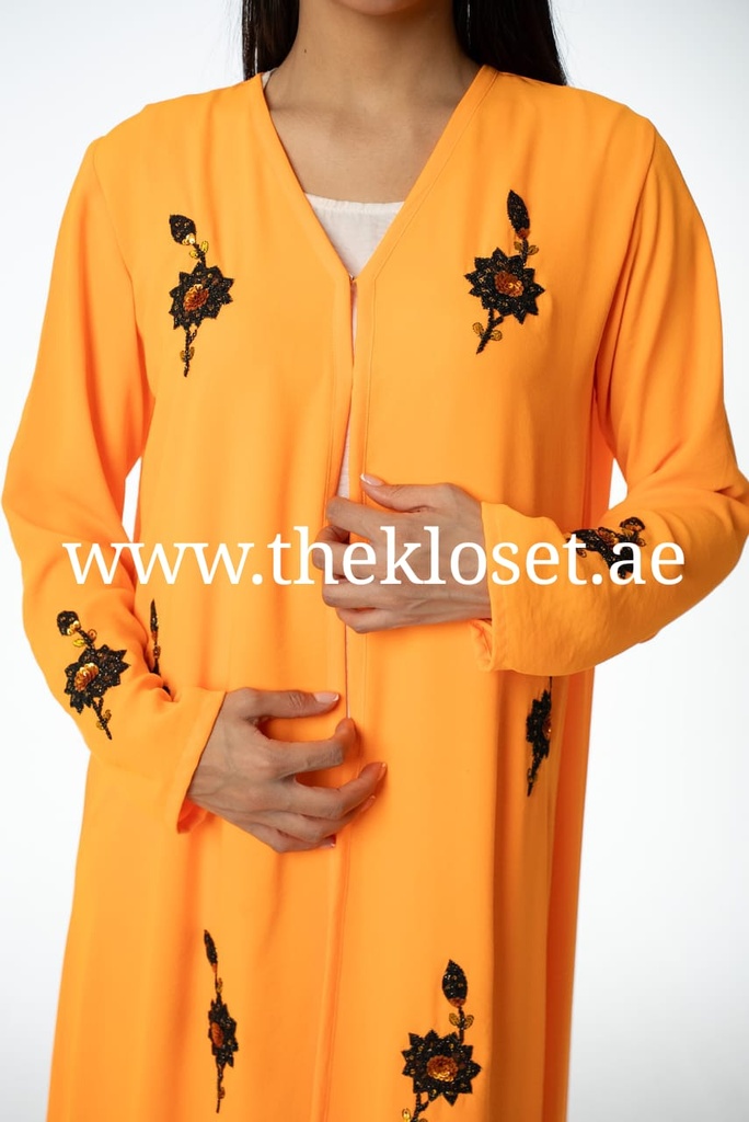 Chic Orange Abaya With Sequin Flower Design