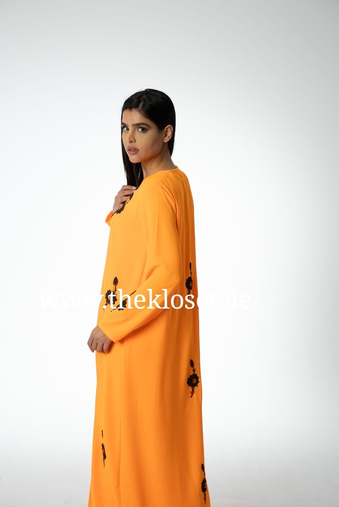 Chic Orange Abaya With Sequin Flower Design