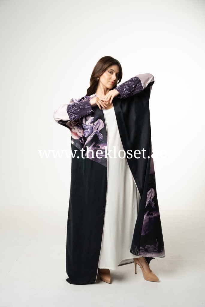 Open Front Abaya with Flower Pattern