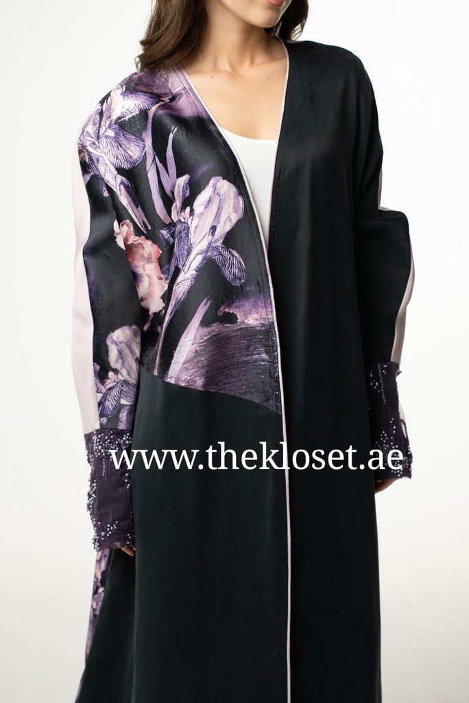 Open Front Abaya with Flower Pattern