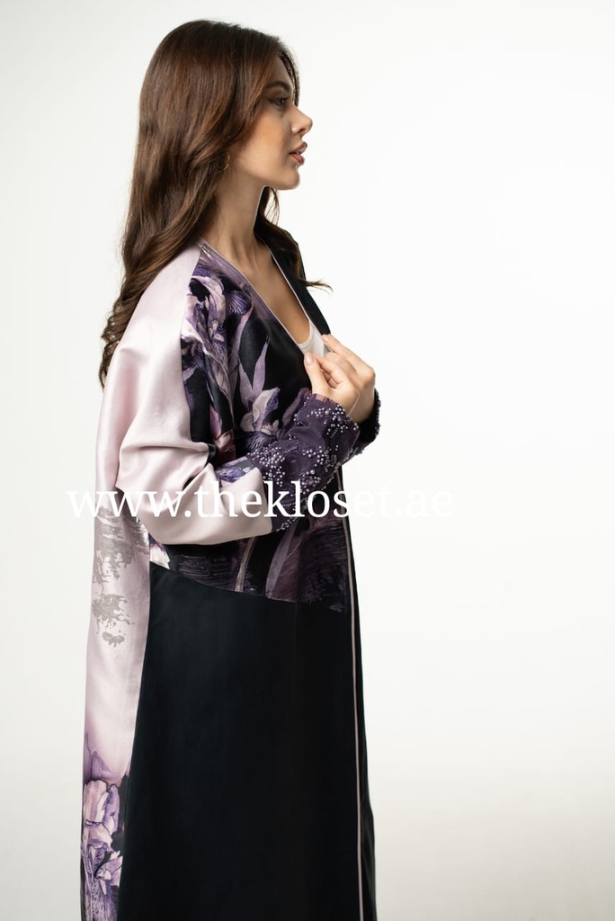 Open Front Abaya with Flower Pattern