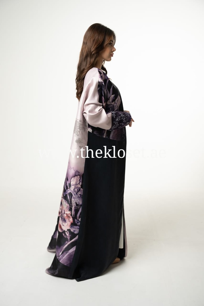 Open Front Abaya with Flower Pattern