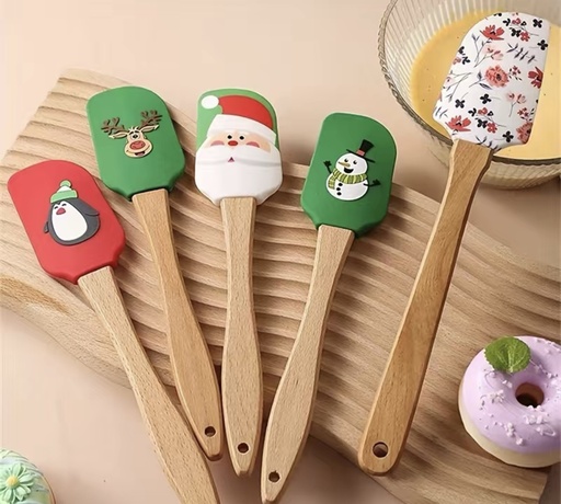 Cartoon Pattern Christmas Wooden Handle Silicone Scraper