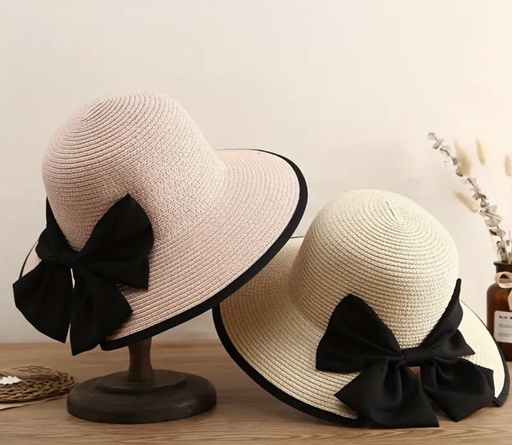 Black bow knot straw hat