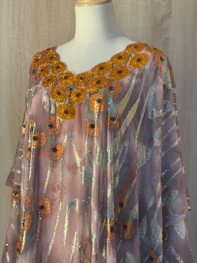 [00029729] Mauve Gold Bloom Kaftan Dress