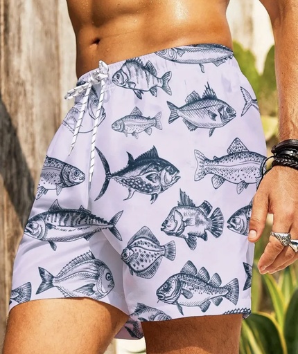 Men's Fish print white Beach Shorts 